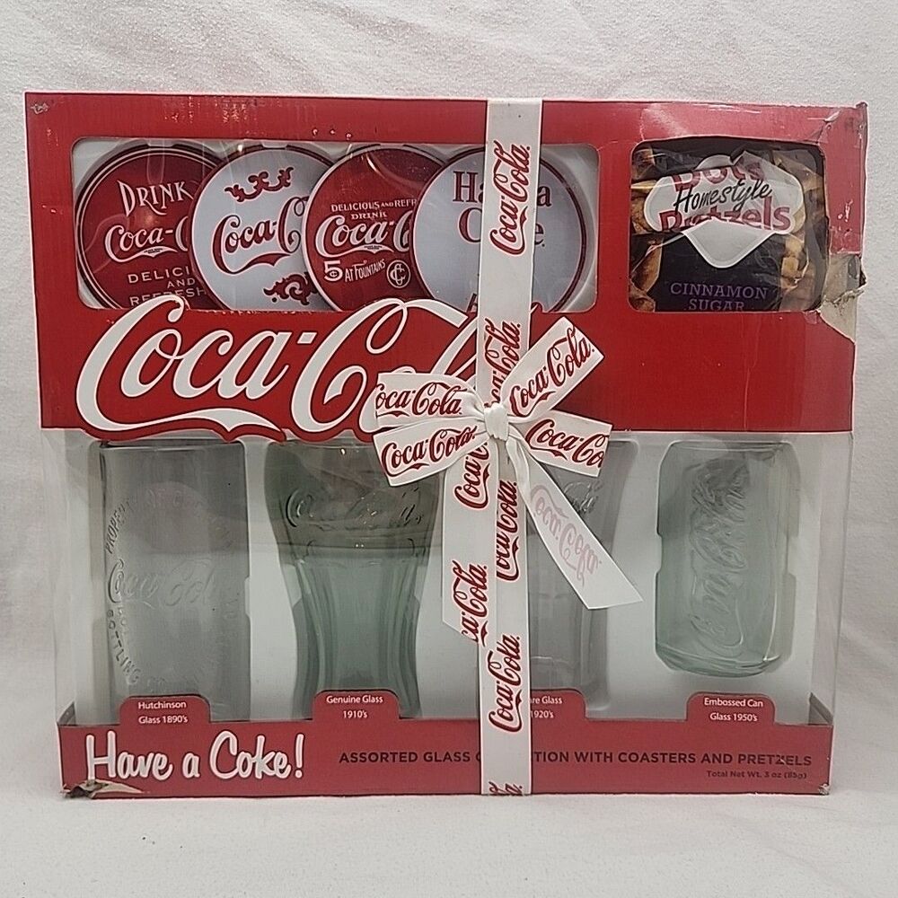 Glassware COCA COLA COLLECTORS SET, 4 Glasses, Coasters, Pretzels Vintage Coke